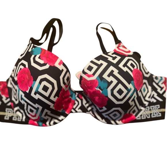 PINK Wear Everywhere Super Push Up Bra Floral Print Black Size 36C - Picture 1 of 7